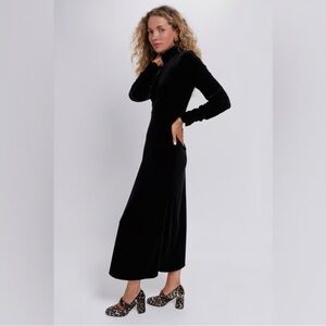 POMANDER PLACE S Suze black high neck Ruche sleeve maxi Brushed velvet dress